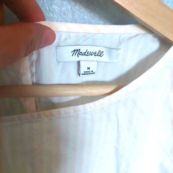 Madewell Striped Blouse top bell Sleeves pink & Cream M Classic Preppy Office - Picture 3 of 6